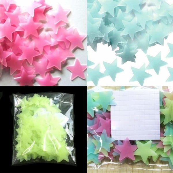 100pcs Pink Yellow Blue Green Wall Stars 3D Glow In The Dark Fluorescent Nursery Luminous GITD Stickers