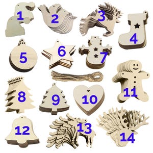 May include: Set of 14 unfinished wooden Christmas decorations. The decorations are in various shapes, including a bell, a star, a tree, a reindeer, a snowman, a stocking, a gingerbread man, a dove, and a heart. The decorations are all natural wood colour and have a rustic look.