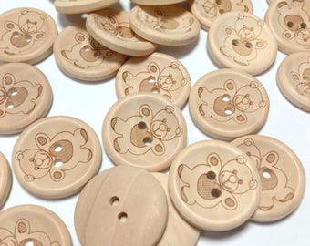 10pcs Wooden Buttons 15mm-25mm 2-Holes Teddy Pattern Round for Handmade Clothes
