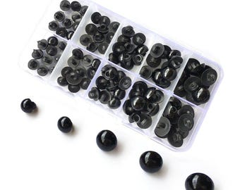 100pcs Plastic Doll Eyes Buttons Round 8mm-15mm Mushroom Domed Sewing Loop Shank Black DIY Animal Eyes Box Set Teddy