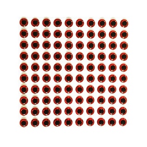 May include: A sheet of 100 red and black plastic fishing eyes. The eyes are arranged in a grid pattern.