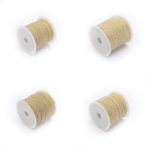 May include: Four spools of natural-coloured twine, each wound around a white plastic core. The twine has a textured appearance, and the spools are evenly spaced against a white background. Suitable for crafting and decorative projects.
