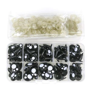 May include: A clear plastic container filled with black and white plastic safety eyes with paw print designs. The container has multiple compartments and includes a separate bag of clear plastic washers.