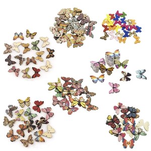 May include: Assortment of colourful wooden butterfly buttons with various patterns and designs. The buttons are perfect for crafting, sewing, and scrapbooking.