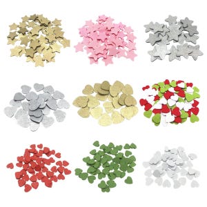 May include: Assortment of felt confetti in various shapes and colours, including stars and hearts. The confetti is in shades of gold, pink, silver, green, red, and white.
