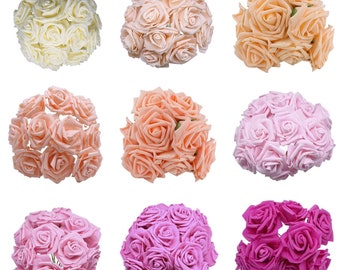60pcs 8cm Artificial Flowers with Stems Foam Rose Fake Bride Bouquet Wedding Set B