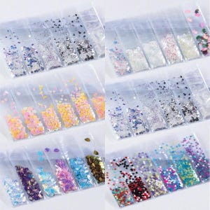 6 Bags Mixed Nail Glitter Powder Sequins Colourful Nail Flakes 10g
