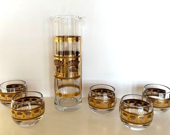 Culver Cocktail Pitcher Set, Culver "Festival" Pattern, Mid Century Glassware