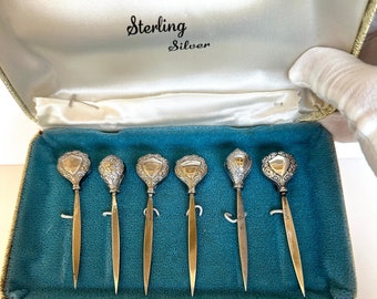 Sterling Silver Cocktail Picks (6), Art Deco Cocktail Picks, in original box