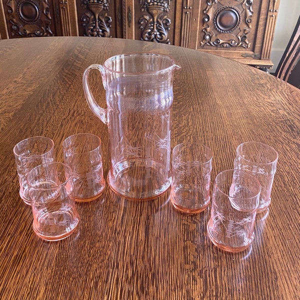 Bamboo Etched Cocktail Pitcher Set by West Virginia, Pink Glassware Set