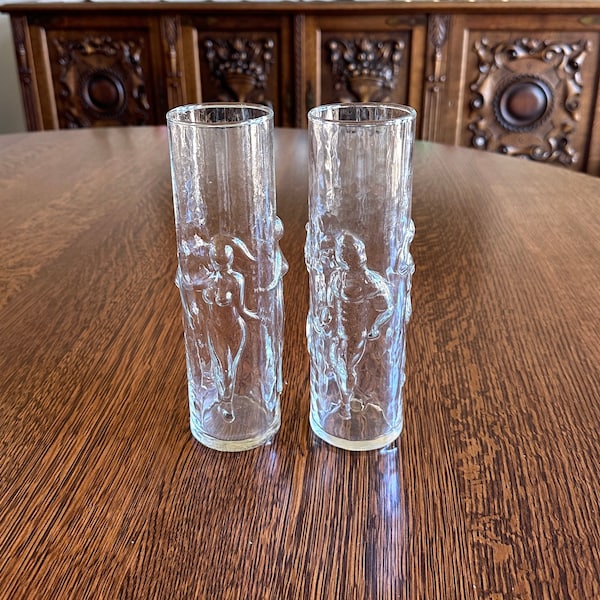 Pair of Tiki Zombie Glasses by Libbey (1 Female, 1 Male Silhouette), 1970s