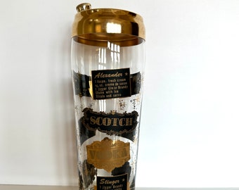 Vintage Cocktail Shaker with Cocktail Recipes Graphics (Bourbon, Vodka, Rum, Gin) by West Virginia Glass Co., Mid Century Glassware