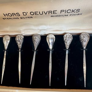 Sterling Silver Cocktail Picks (6), Art Deco Cocktail Picks, in original box