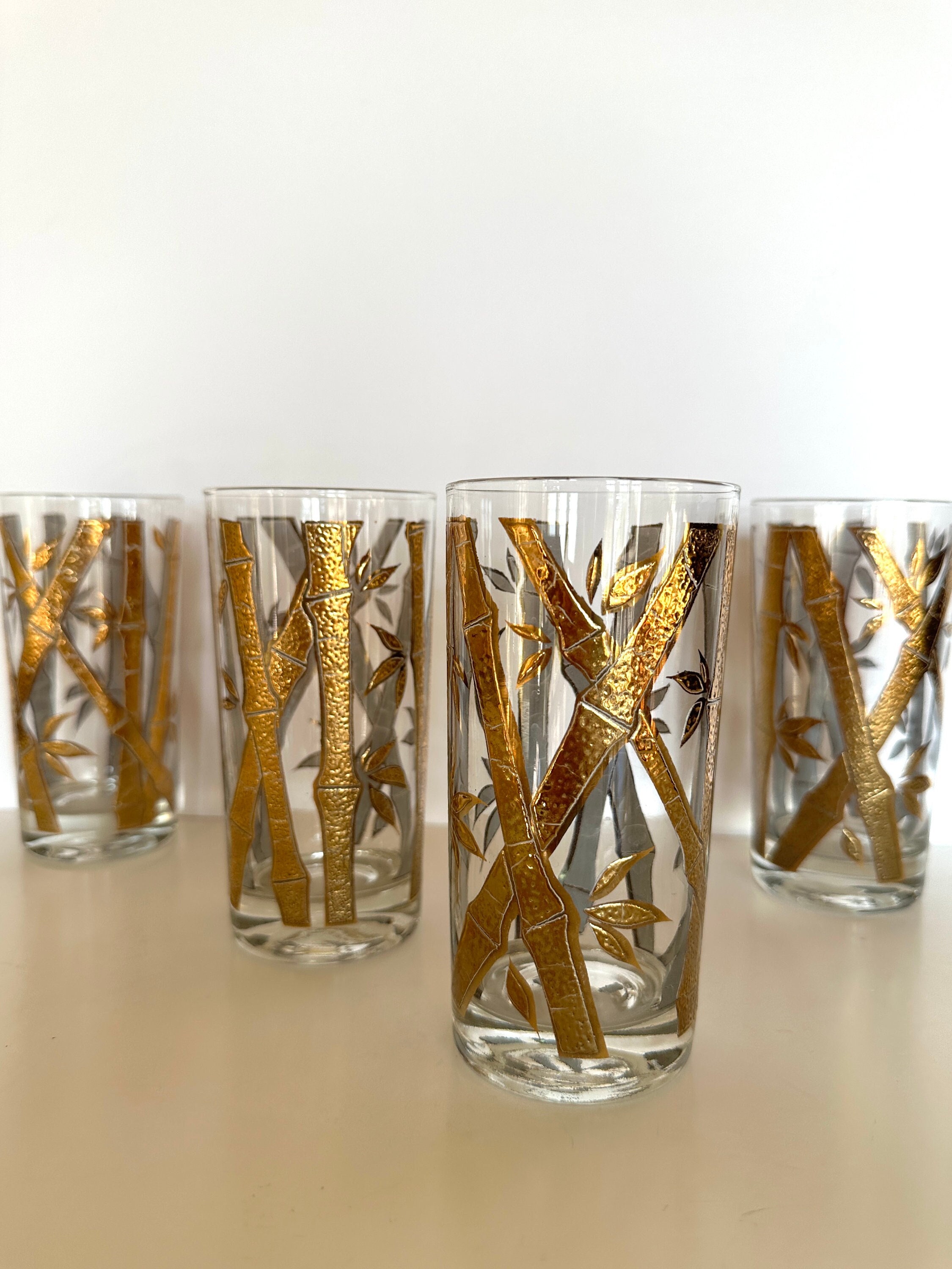 Vintage Gold Bamboo Glasses (4 glasses), Mid Century Glassware