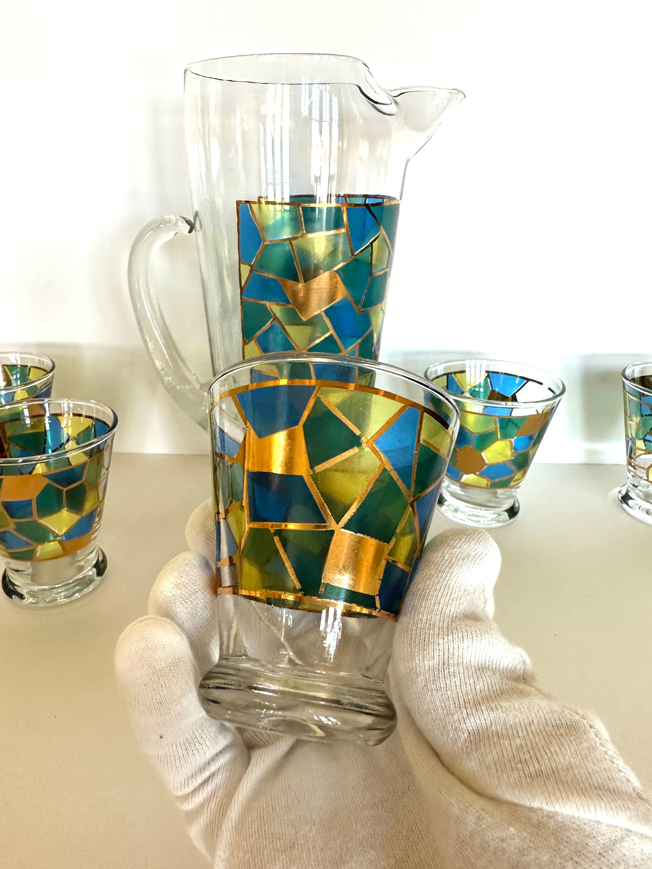 Mid Century Cocktail Pitcher Set by West Virginia Glass Co., Mosiac  Pattern, Mid Century Glassware 