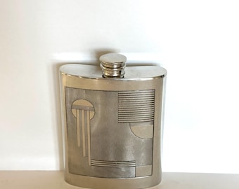 Vintage Flask, 1940s Art Deco Etched Pattern Hip Flask, Barware