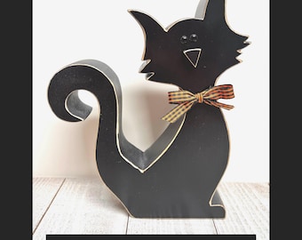 Handgesneden houten Halloween-katdecoratie