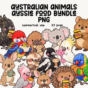 May include: A digital illustration set titled AUSTRALIAN ANIMALS AUSSIE FOOD BUNDLE PNG featuring various Australian animals like koalas, quokkas, and parrots holding iconic food items such as Vegemite jars, Milo, and fairy bread.