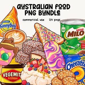 以下が含まれることがあります： AUSTRALIAN FOOD PNG BUNDLEというタイトルのデジタルイラスト。サニーボーイアイス、コーヒー、フェアリーブレッド、ミロの缶、ラミントン、アイスキャンディー、ベジマイト、パブロバ、チーズルズなど、様々な食品が描かれています。
