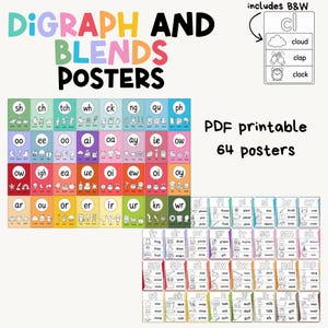 Puede incluir: Una colección de carteles educativos con dígrafos y combinaciones de letras sobre fondos coloridos con ilustraciones en blanco y negro. El texto incluye "DIGRAPH AND BLENDS POSTERS", "includes B&W", "cl", "cloud", "clap", "clock", "PDF printable" y "64 posters".