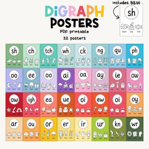 May include: A set of 32 printable educational digraph posters featuring colorful backgrounds and black and white illustrations. Each poster displays a two-letter sound combination in a scalloped circle with three corresponding word examples and drawings.