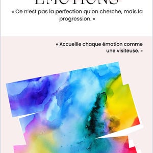 Könnte beinhalten: Ein Tagebuch mit dem Titel "CARNET DES EMOTIONS" mit französischem Text. Das Tagebuch zeigt farbenfrohe Aquarellkunst in Blau-, Gelb-, Rosa- und Lilatönen. Das Cover enthält inspirierende Zitate über Emotionen.