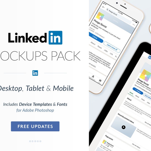 LinkedIn Mockups - Company Page Templates - Social Media - Desktop, Tablet & Mobile - Header, Business, Marketing - Photoshop, Canva