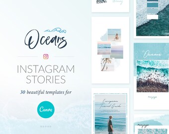 Plantillas para historias de Instagram sobre el océano: playa, mar, viaje (Canva)