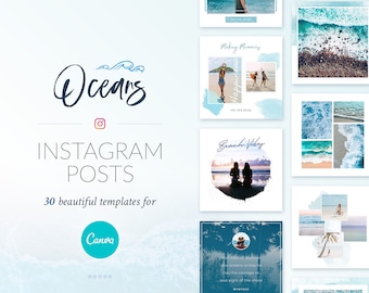 Plantillas para publicaciones de Instagram con temática oceánica: 30 diseños de playas azules para Canva (descarga digital)