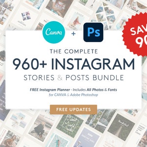 Op de afbeelding: Een collage van afbeeldingen die een bundel van meer dan 960 Instagram-verhalen en -berichten tonen. De bundel bevat een gratis Instagram-planner, alle foto's en lettertypen voor Canva en Adobe Photoshop. De tekst "SAVE 90%" wordt weergegeven in een rode cirkel.