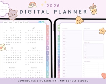 Agenda digital en tonos pastel 2026 / GoodNotes, Notability / Pegatinas Chibi (Descarga en PDF)