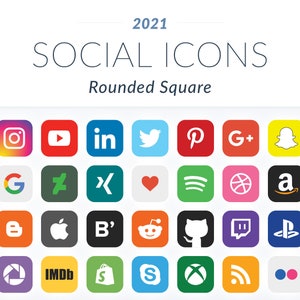 May include: A collection of 36 social media icons in a rounded square design. The icons are arranged in a grid of 6 rows and 6 columns. Each icon is a different color and represents a different social media platform. The icons include Facebook, Instagram, YouTube, LinkedIn, Twitter, Pinterest, Google+, Snapchat, Tumblr, Android, Google, Twitch, Xbox, Spotify, Etsy, Amazon, Medium, Dropbox, Blogger, Apple, Behance, Reddit, Github, Discord, Playstation, SoundCloud, Vimeo, Flickr, IMDb, Shopify, Skype, Xbox, RSS, Dribbble, and Yahoo.