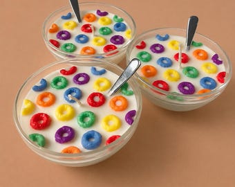 May include: Three clear glass bowls filled with white wax candles, each adorned with colorful, cereal-shaped wax pieces. Silver spoons are placed in each bowl. The candles are arranged on a brown surface.