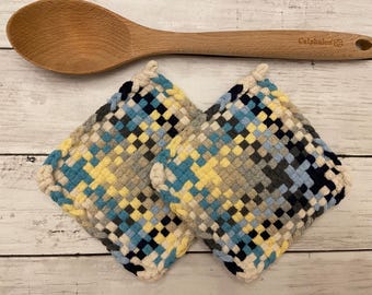 Handwoven Cotton Potholder Set, Thick Loomed Hot Pads