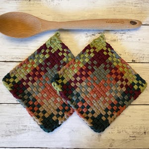 Thick Woven Potholders: Handmade Cotton Fall Earth Tones, Set of 2