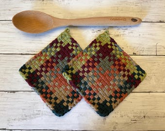 Thick Woven Potholders: Handmade Cotton Fall Earth Tones, Set of 2