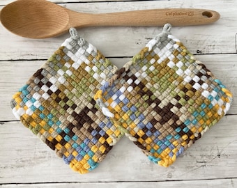 Woven potholders, set of two handmade mug rugs, hot pads