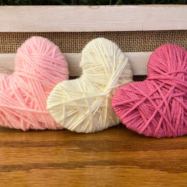 Yarn hearts, Valentine’s tiered tray, heart tiered tray, rustic farmhouse hearts for tiered trays, set of three yarn hearts