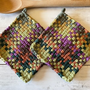 Hand Loomed Cotton Potholder Set: Vintage Style Woven Mug Rugs