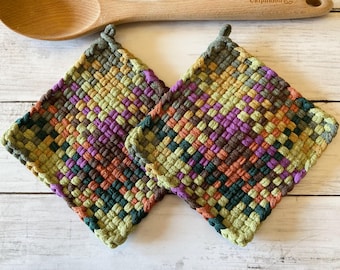 Hand Loomed Cotton Potholder Set, woven mug rugs, hot pads