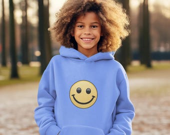 Smiley Emoji Hoodie, Soft Cozy Youth Hooded Sweatshirt - Kids Adults, Happy Face Jumper, Comfy Pullover, Emoticon Outerwear, Warm Sweatshirt