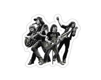 May include: Black and white illustration of a rock band performing on stage. The band members are playing guitars and singing.