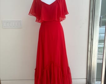 Vintage 70er Jahre Rot Chiffon Maxi Kleid XS ILTWU Union Made USA Flatterärmel Abendkleid