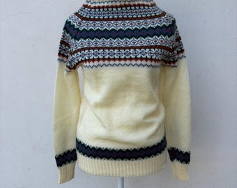 Jersey vintage Fair Isle talla XS color crema, jersey nórdico de punto, jersey de invierno estilo cottagecore de los 80 para mujer.
