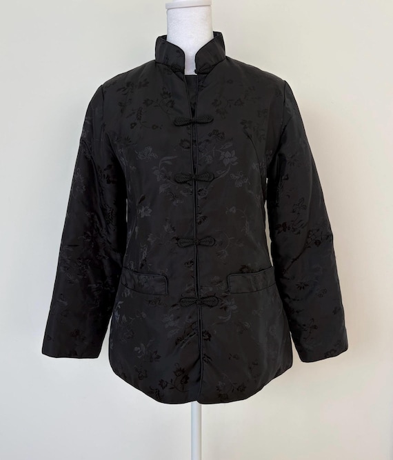 Vintage Taiwan Quilted Jacket Black Jacquard Mandarin Collar Frog Closures Lucky Star