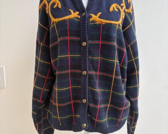 Cardigan vintage anni '90 a quadri scozzesi, taglia XL, Sarah Alexander, maglione in ramia e cotone con dettagli ricamati, stile preppy cottagecore