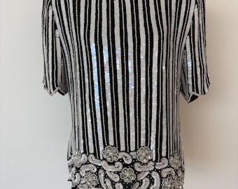 Blusa de noche glamurosa de los años 80, estilo años 80, de seda vintage Lawrence Kazar con lentejuelas y perlas negras, adornada con lentejuelas y forro de rayón. Talla XL.