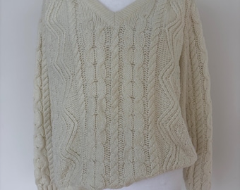 Maglione vintage color crema a trecce, stile pescatore, scollo a V, maglia grossa, accogliente, stile cottagecore, minimalista, neutro, pullover