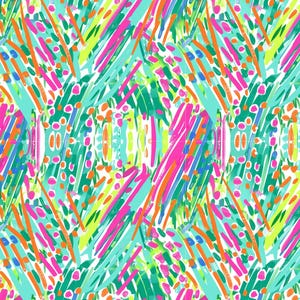 May include: Abstract pattern with bright colors, including pink, green, blue, orange, and yellow. The pattern is made up of lines, dots, and dashes.