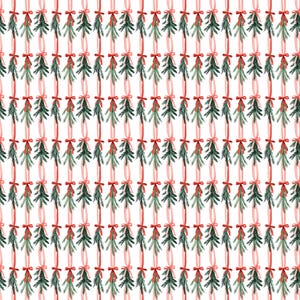 May include: A repeating pattern of green fir branches with red bows and ribbons on a white background. The watercolor design is festive and evokes a holiday theme, suitable for wrapping paper or fabric.